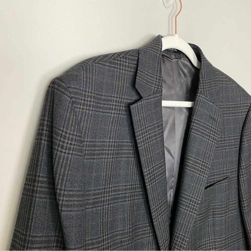 Lauren Ralph Lauren Plaid Sport Coat Blazer Suit Jacket Mens 44L Grey Brown Wool